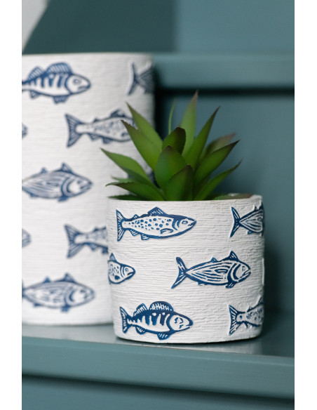 Cache-pot extérieur bord de mer Cylindrique H 20 cm Ciment Blanc Motif poissons Bleu Aqualo 