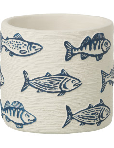 Cache-pot extérieur bord de mer Rond D 14 cm Ciment Blanc Motif poissons Bleu Aqualo 