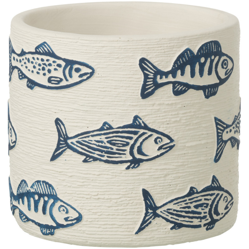 Cache-pot extérieur bord de mer Rond D 14 cm Ciment Blanc Motif poissons Bleu Aqualo 