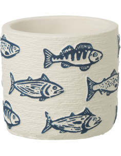 Cache-pot extérieur bord de mer Rond D 11 cm Ciment Blanc Motif poissons Bleu Aqualo 