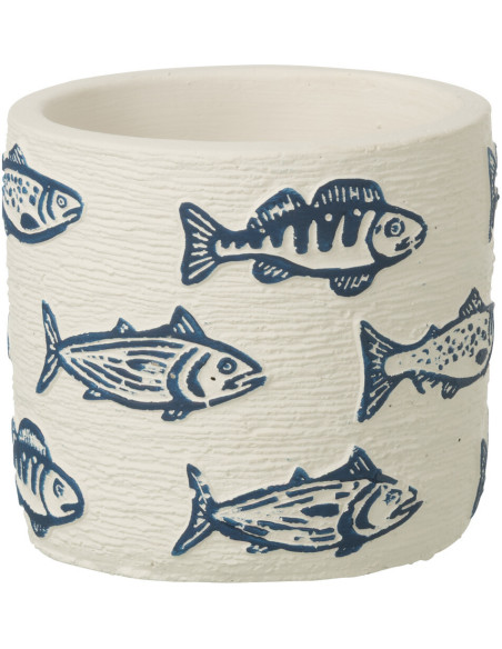 Cache-pot extérieur bord de mer Rond D 11 cm Ciment Blanc Motif poissons Bleu Aqualo 