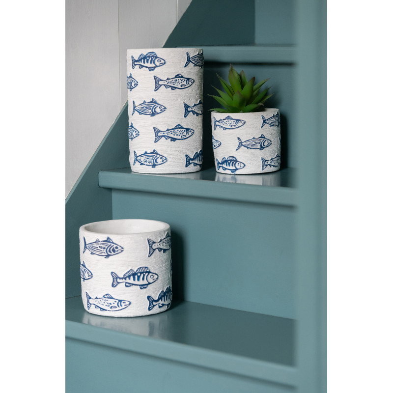 Cache-pot extérieur bord de mer Rond D 11 cm Ciment Blanc Motif poissons Bleu Aqualo 