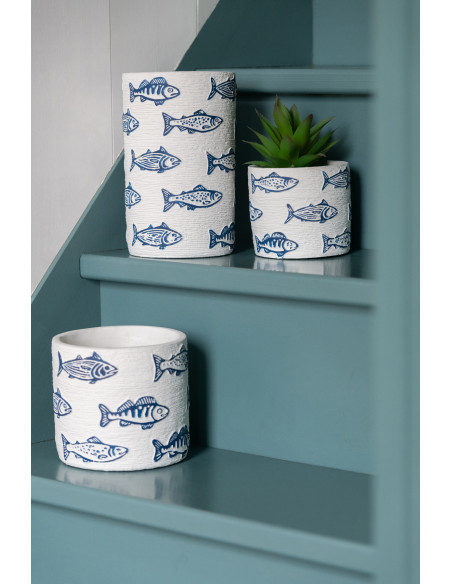 Cache-pot extérieur bord de mer Rond D 11 cm Ciment Blanc Motif poissons Bleu Aqualo 