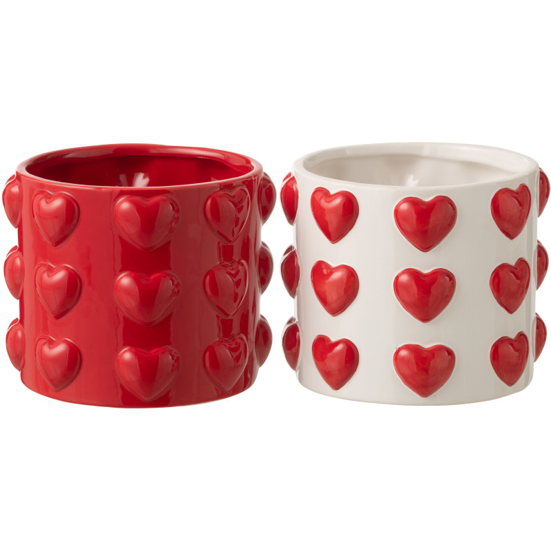 Lot de 2 Cache-pots Saint Valentin Coeurs D 16 cm Céramique Rouge Blanc Passiona 