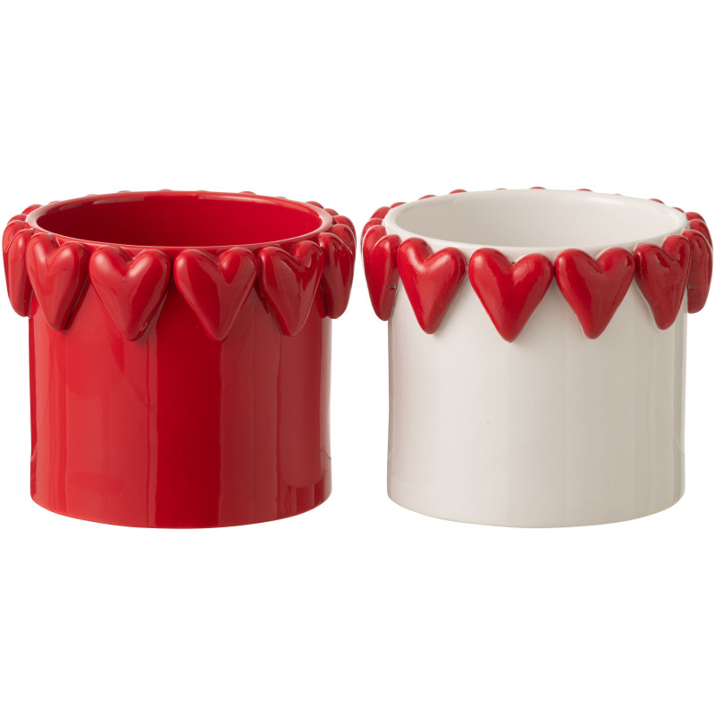 Lot de 2 Cache-pots Saint Valentin Coeurs D 18 cm Céramique Blanc Rouge Amoréa 