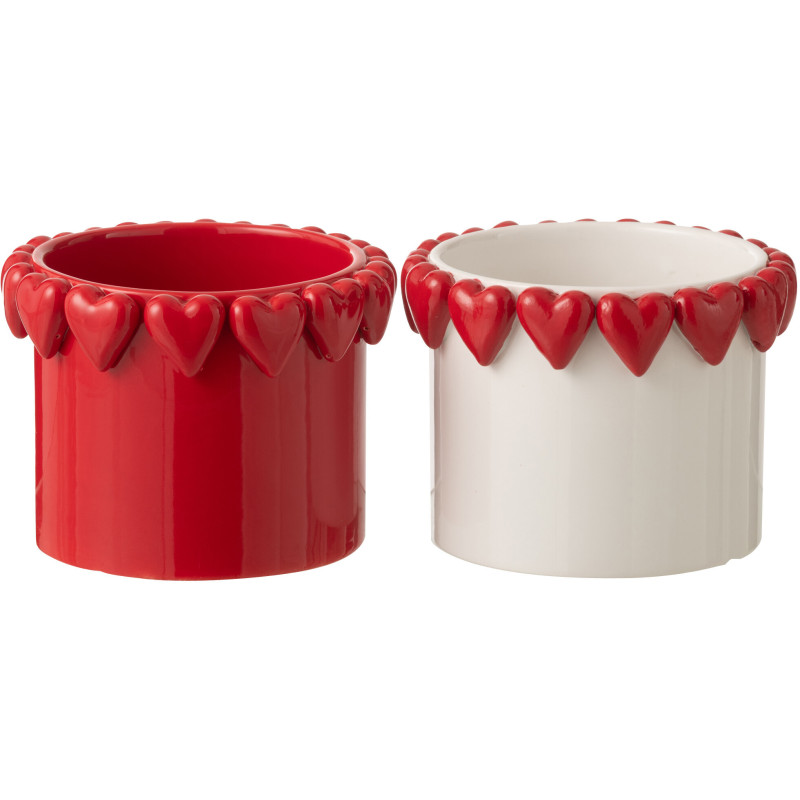Lot de 2 Cache-pots Saint Valentin Coeurs D 15 cm Céramique Blanc Rouge Amoréa 