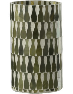 Grand Photophore Bord de mer style méditerrannée D 10 cm Verre Vert olive Blanc Motif mosaïque Costea 