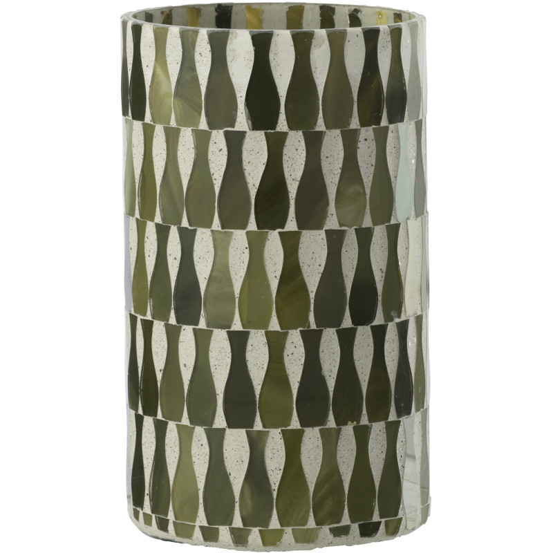 Grand Photophore Bord de mer style méditerrannée D 10 cm Verre Vert olive Blanc Motif mosaïque Costea 