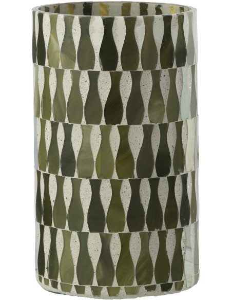 Grand Photophore Bord de mer style méditerrannée D 10 cm Verre Vert olive Blanc Motif mosaïque Costea 