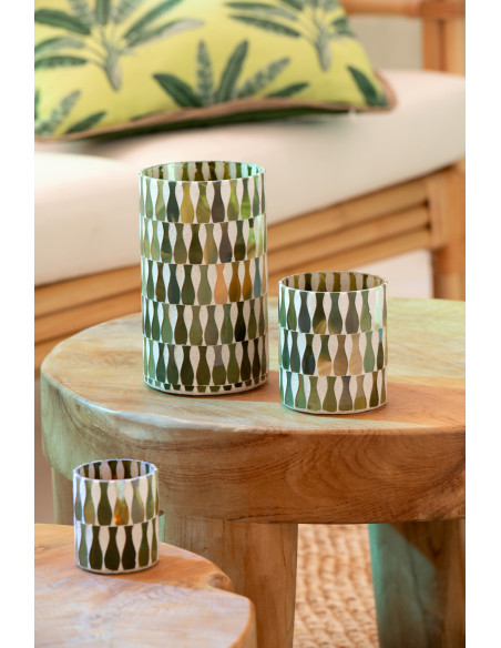 Grand Photophore Bord de mer style méditerrannée D 10 cm Verre Vert olive Blanc Motif mosaïque Costea 