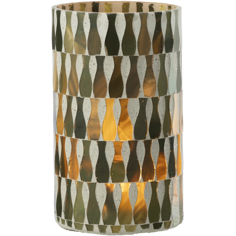 Grand Photophore Bord de mer style méditerrannée D 10 cm Verre Vert olive Blanc Motif mosaïque Costea 