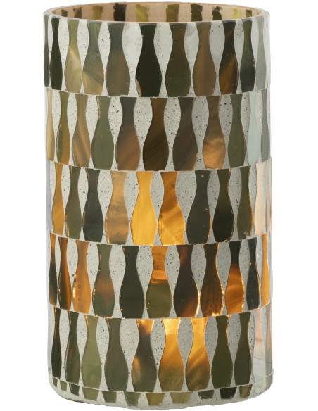 Grand Photophore Bord de mer style méditerrannée D 10 cm Verre Vert olive Blanc Motif mosaïque Costea 