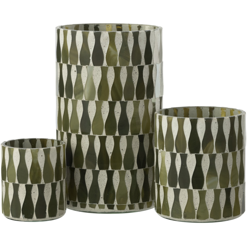 Grand Photophore Bord de mer style méditerrannée D 10 cm Verre Vert olive Blanc Motif mosaïque Costea 