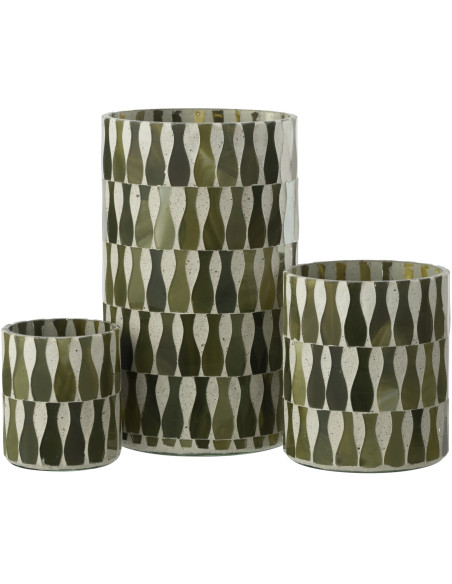 Grand Photophore Bord de mer style méditerrannée D 10 cm Verre Vert olive Blanc Motif mosaïque Costea 
