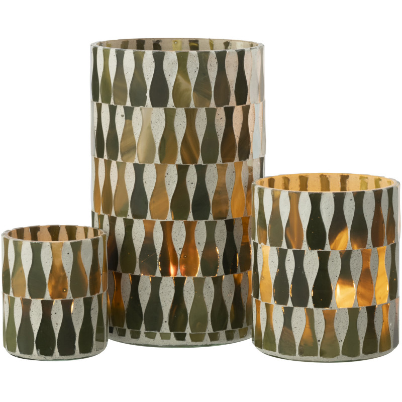 Grand Photophore Bord de mer style méditerrannée D 10 cm Verre Vert olive Blanc Motif mosaïque Costea 