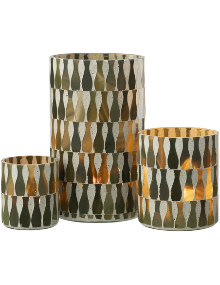 Grand Photophore Bord de mer style méditerrannée D 10 cm Verre Vert olive Blanc Motif mosaïque Costea 