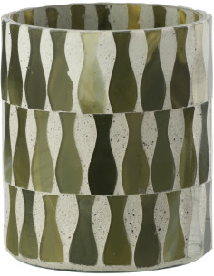 Photophore Bord de mer style méditerrannée D 8 cm Verre Vert olive Blanc Motif mosaïque Costea 