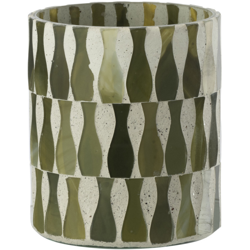 Photophore Bord de mer style méditerrannée D 8 cm Verre Vert olive Blanc Motif mosaïque Costea 