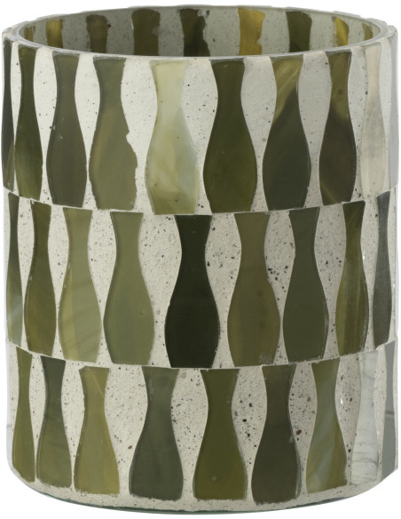 Photophore Bord de mer style méditerrannée D 8 cm Verre Vert olive Blanc Motif mosaïque Costea 