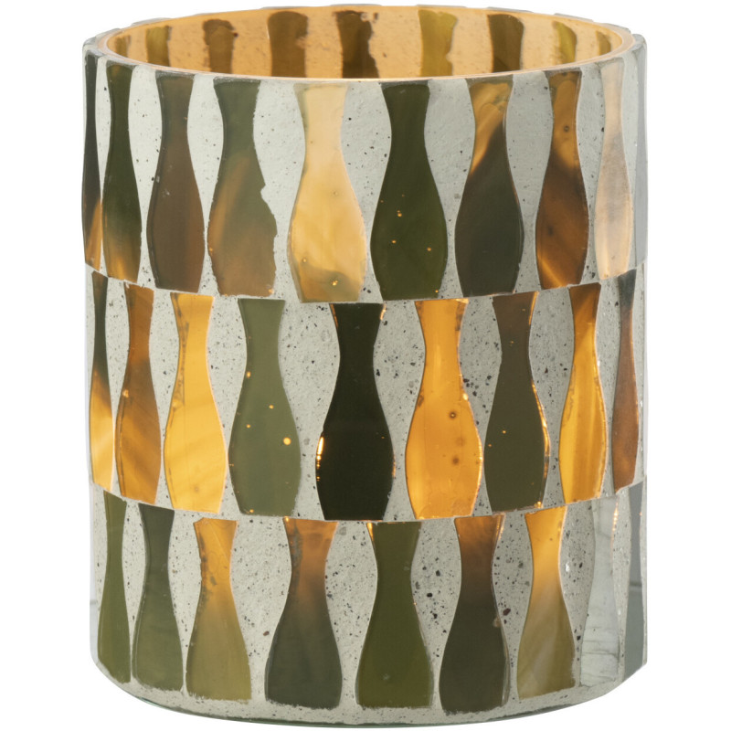 Photophore Bord de mer style méditerrannée D 8 cm Verre Vert olive Blanc Motif mosaïque Costea 