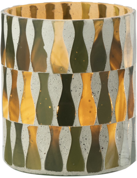 Photophore Bord de mer style méditerrannée D 8 cm Verre Vert olive Blanc Motif mosaïque Costea 