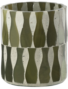 Photophore Bord de mer style méditerrannée D 7 cm Verre Vert olive Blanc Motif mosaïque Costea 