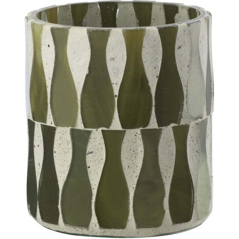 Photophore Bord de mer style méditerrannée D 7 cm Verre Vert olive Blanc Motif mosaïque Costea 