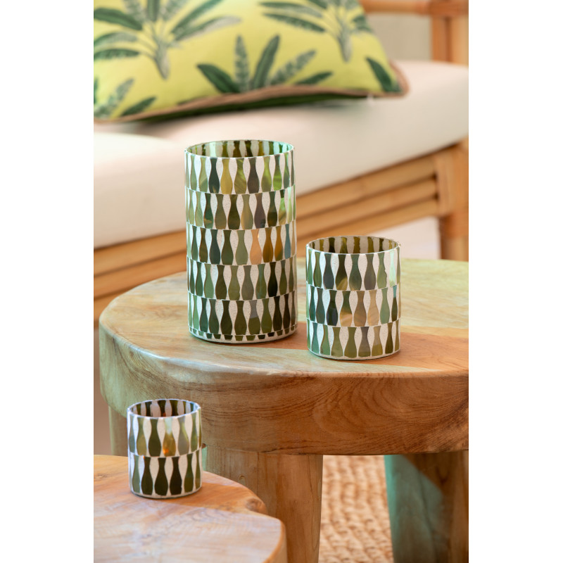 Photophore Bord de mer style méditerrannée D 7 cm Verre Vert olive Blanc Motif mosaïque Costea 