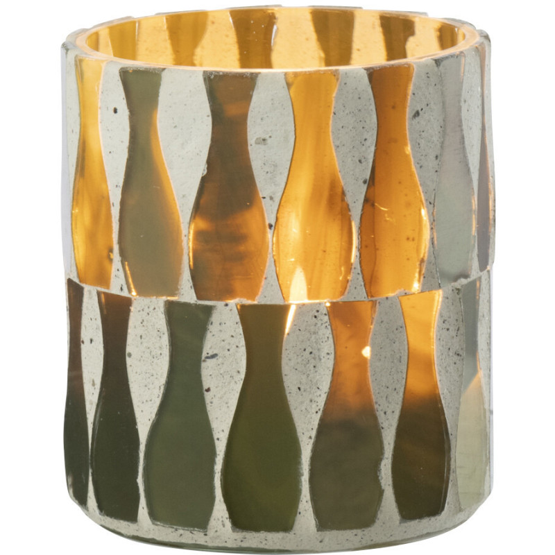 Photophore Bord de mer style méditerrannée D 7 cm Verre Vert olive Blanc Motif mosaïque Costea 