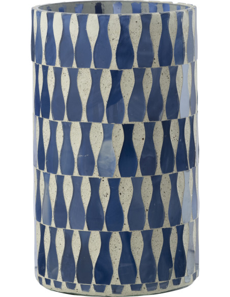 Grand Photophore Bord de mer style méditerrannée D 10 cm Verre Bleu Blanc Motif mosaïque Costea 