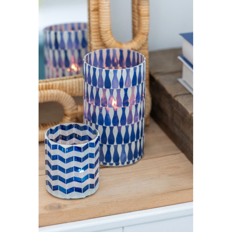 Grand Photophore Bord de mer style méditerrannée D 10 cm Verre Bleu Blanc Motif mosaïque Costea 