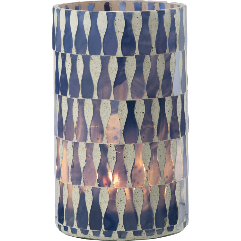 Grand Photophore Bord de mer style méditerrannée D 10 cm Verre Bleu Blanc Motif mosaïque Costea 