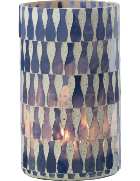 Grand Photophore Bord de mer style méditerrannée D 10 cm Verre Bleu Blanc Motif mosaïque Costea 