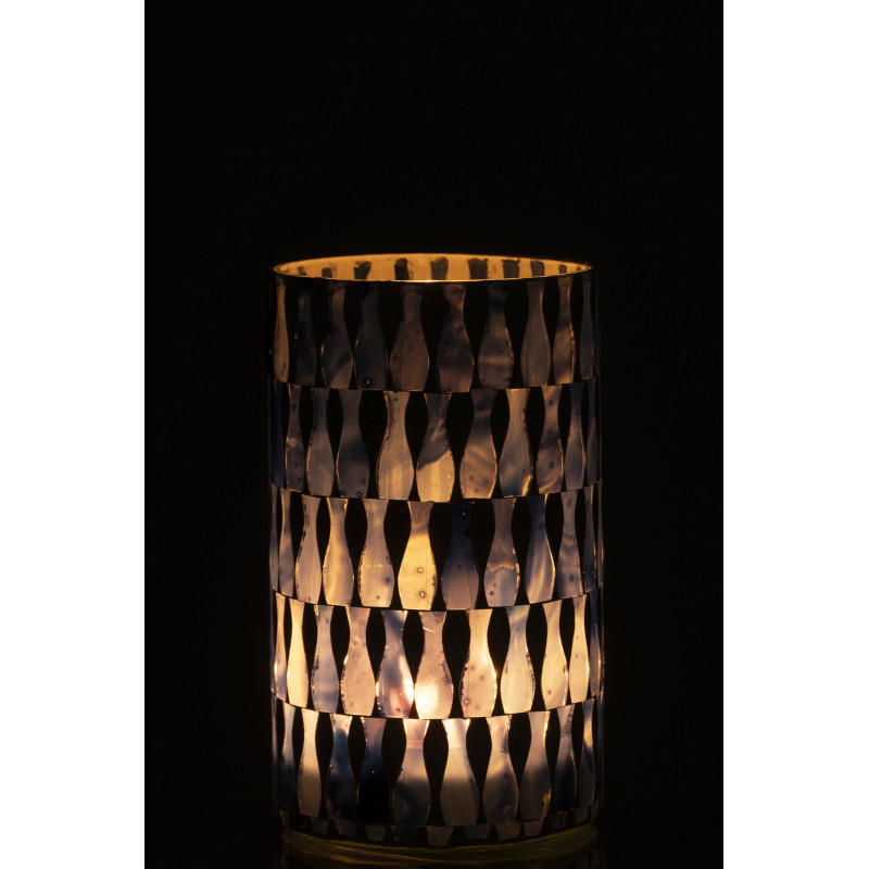 Grand Photophore Bord de mer style méditerrannée D 10 cm Verre Bleu Blanc Motif mosaïque Costea 