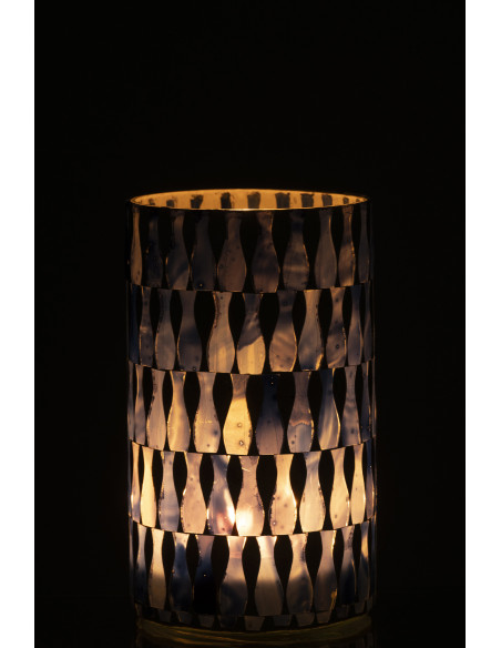 Grand Photophore Bord de mer style méditerrannée D 10 cm Verre Bleu Blanc Motif mosaïque Costea 