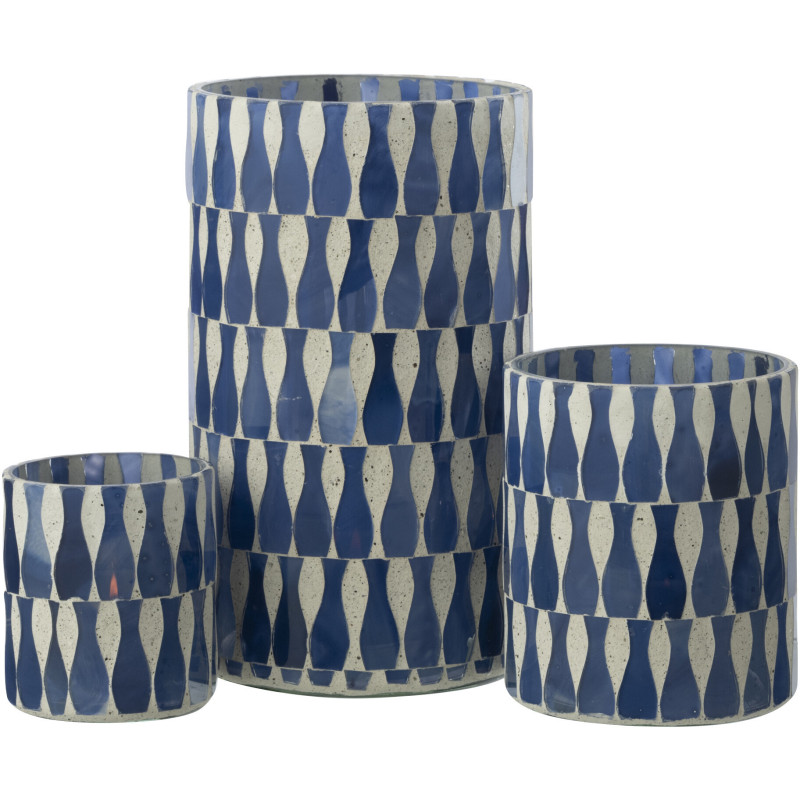 Grand Photophore Bord de mer style méditerrannée D 10 cm Verre Bleu Blanc Motif mosaïque Costea 