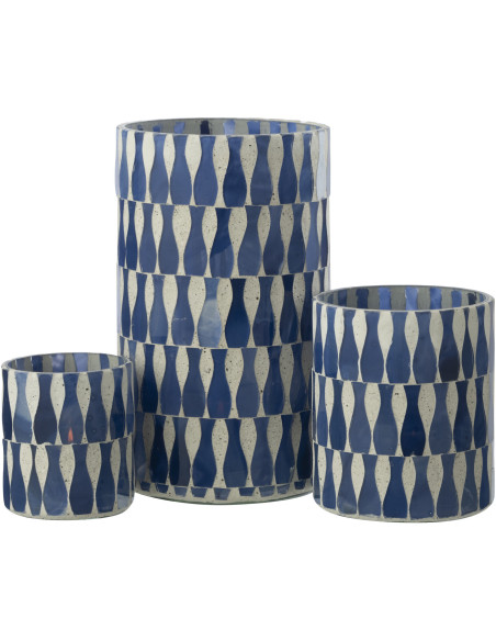 Grand Photophore Bord de mer style méditerrannée D 10 cm Verre Bleu Blanc Motif mosaïque Costea 