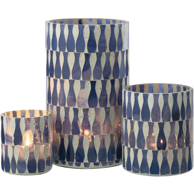 Grand Photophore Bord de mer style méditerrannée D 10 cm Verre Bleu Blanc Motif mosaïque Costea 