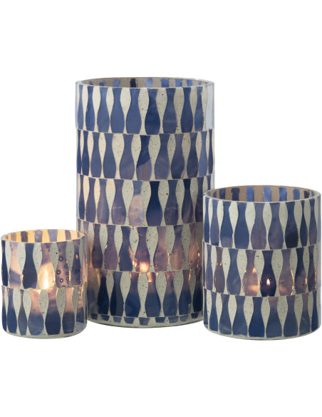 Grand Photophore Bord de mer style méditerrannée D 10 cm Verre Bleu Blanc Motif mosaïque Costea 