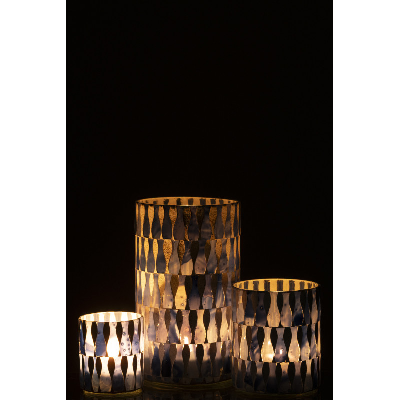 Grand Photophore Bord de mer style méditerrannée D 10 cm Verre Bleu Blanc Motif mosaïque Costea 