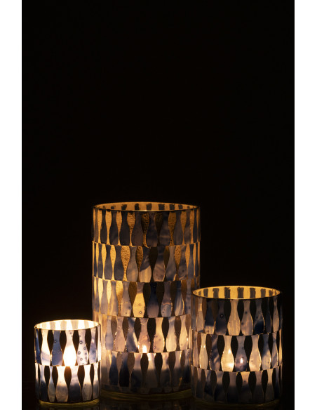 Grand Photophore Bord de mer style méditerrannée D 10 cm Verre Bleu Blanc Motif mosaïque Costea 