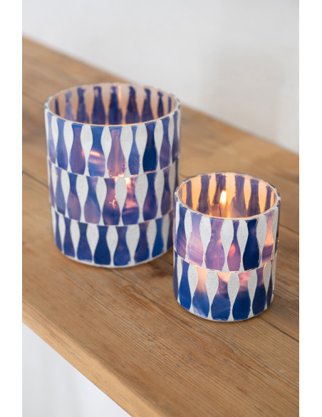 Photophore Bord de mer style méditerrannée D 8 cm Verre Bleu Blanc Motif mosaïque Costea 