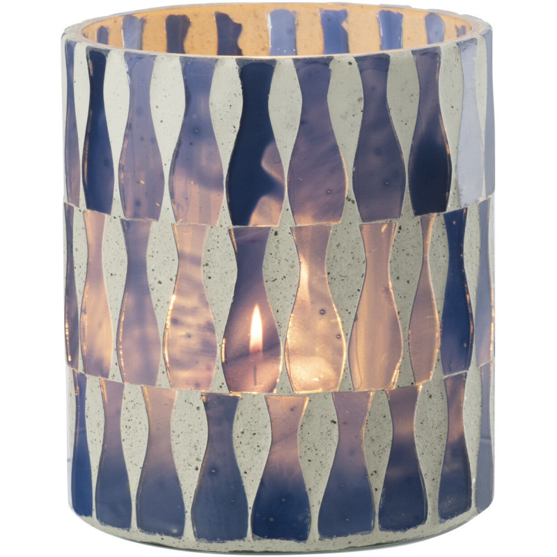 Photophore Bord de mer style méditerrannée D 8 cm Verre Bleu Blanc Motif mosaïque Costea 