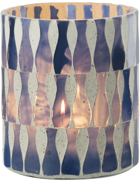 Photophore Bord de mer style méditerrannée D 8 cm Verre Bleu Blanc Motif mosaïque Costea 