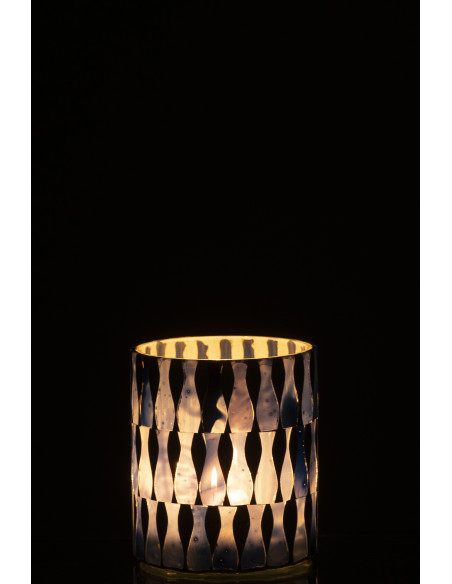 Photophore Bord de mer style méditerrannée D 8 cm Verre Bleu Blanc Motif mosaïque Costea 