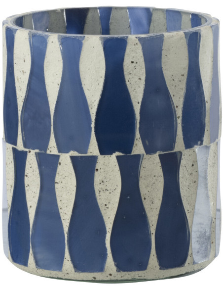 Photophore Bord de mer style méditerrannée D 7 cm Verre Bleu Blanc Motif mosaïque Costea 