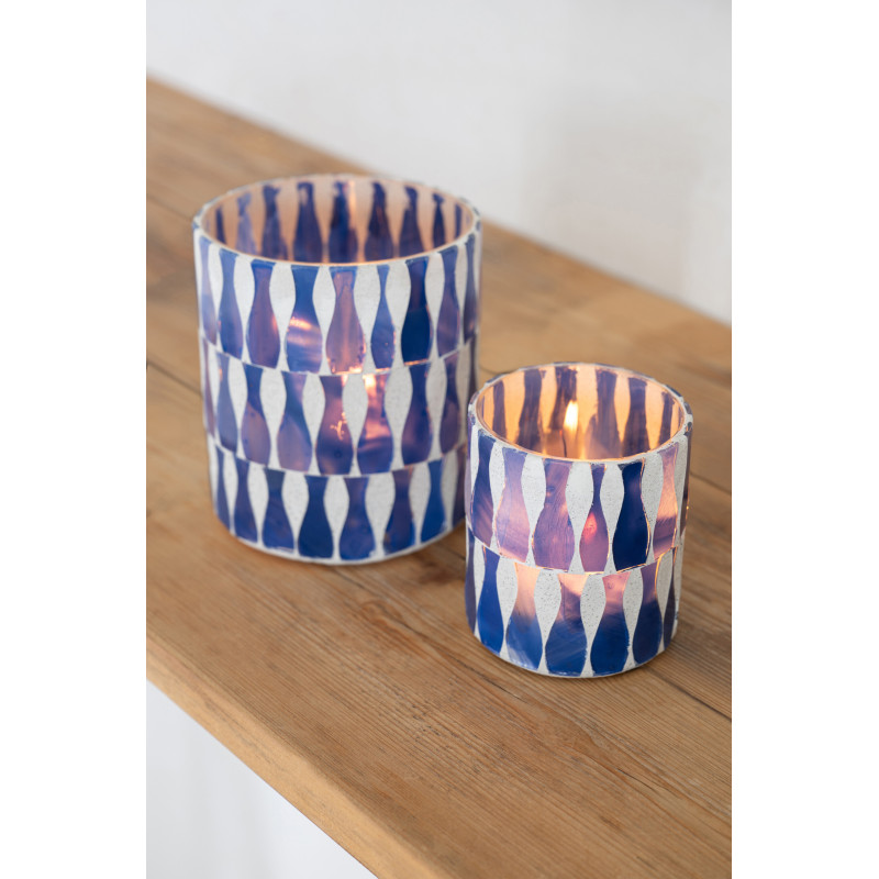 Photophore Bord de mer style méditerrannée D 7 cm Verre Bleu Blanc Motif mosaïque Costea 