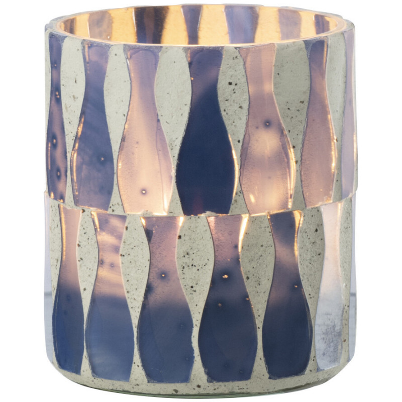 Photophore Bord de mer style méditerrannée D 7 cm Verre Bleu Blanc Motif mosaïque Costea 