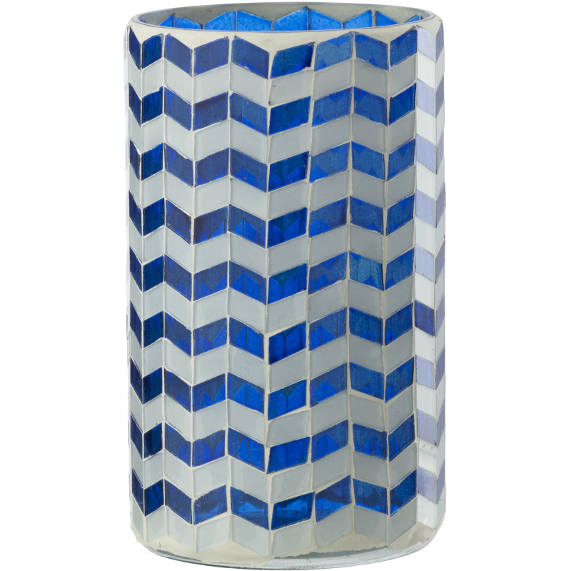 Grand Photophore Bord de mer style méditerrannée D 10 cm Verre Bleu Blanc Motif mosaïque Marbella 