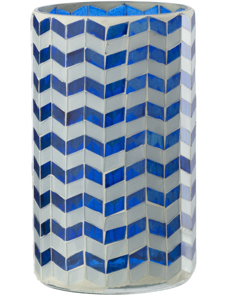 Grand Photophore Bord de mer style méditerrannée D 10 cm Verre Bleu Blanc Motif mosaïque Marbella 
